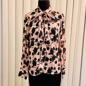 Peach w/ green flower print bow blouse. GUC
